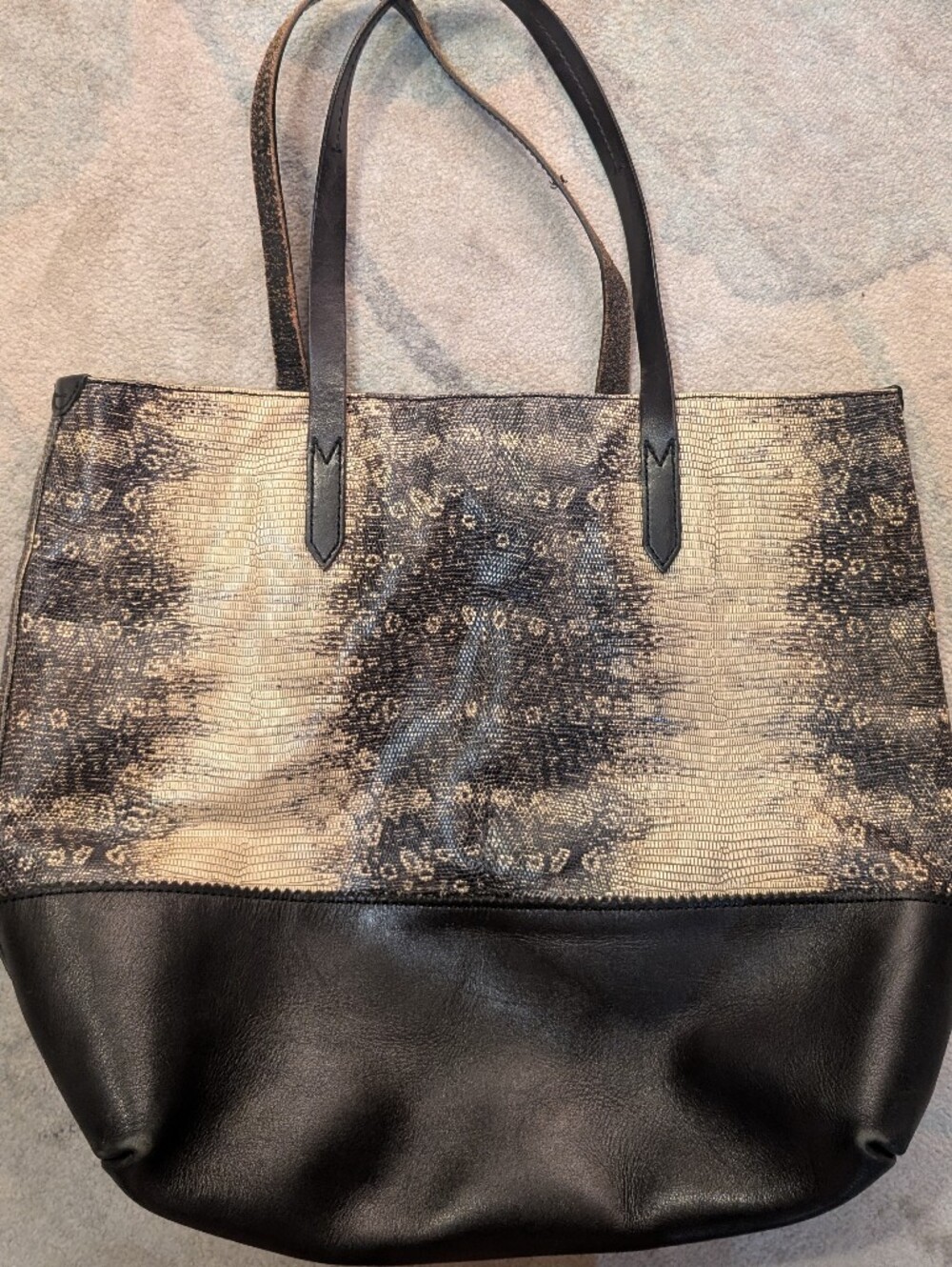Like New J. Crew Downing Tote Bag in Black Leather and Snakeskin